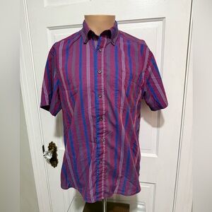 Vintage Mens Medium Impact Short Sleeve Button Down Shirt Stripe Purple Blue